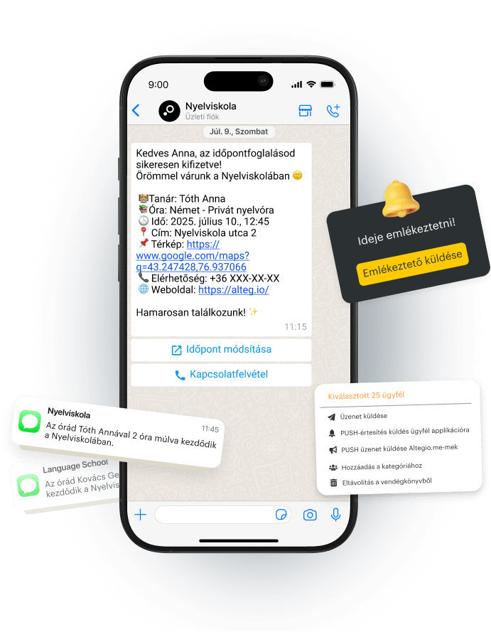 Chat interface showing appointment details for a language class with reminders.